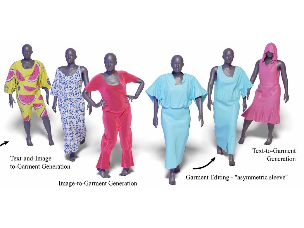 AIpparel generated garments on mannequins, including patterned jumpsuits and edited dresses
