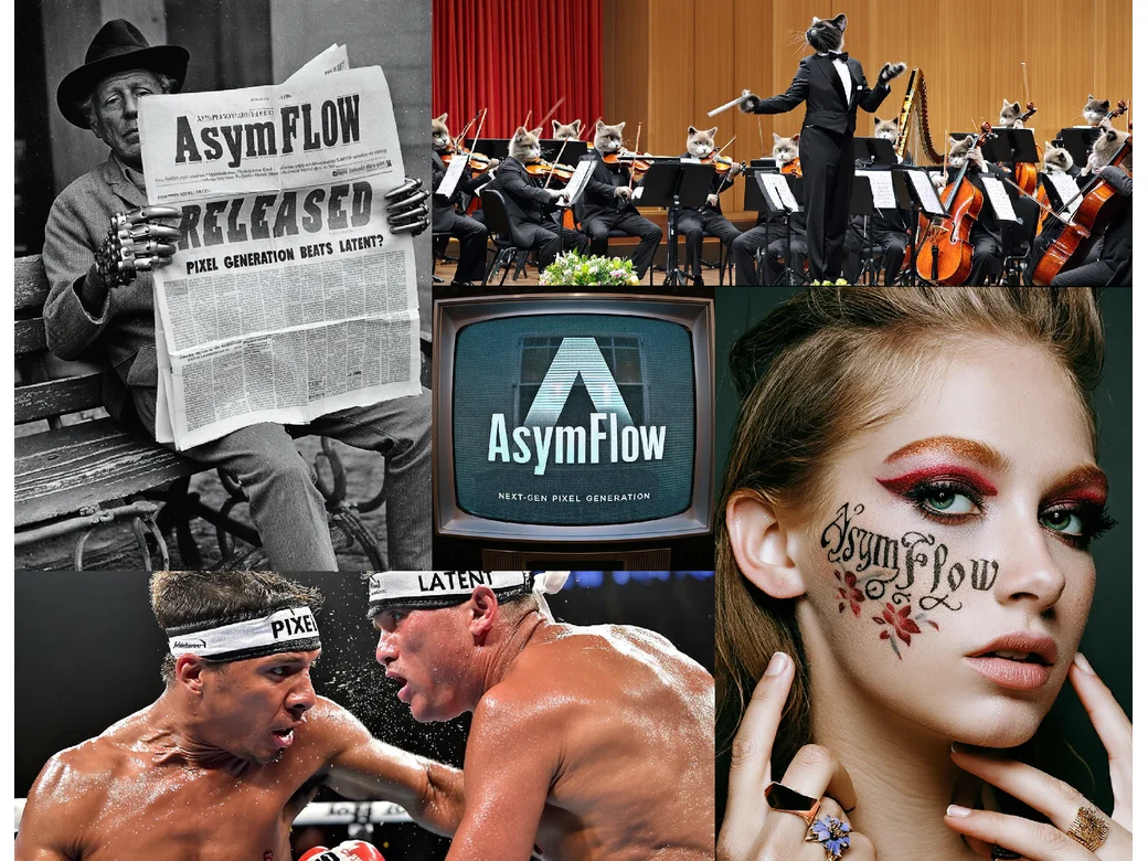 AsymFlow generated images including a newspaper, cat orchestra, and portrait