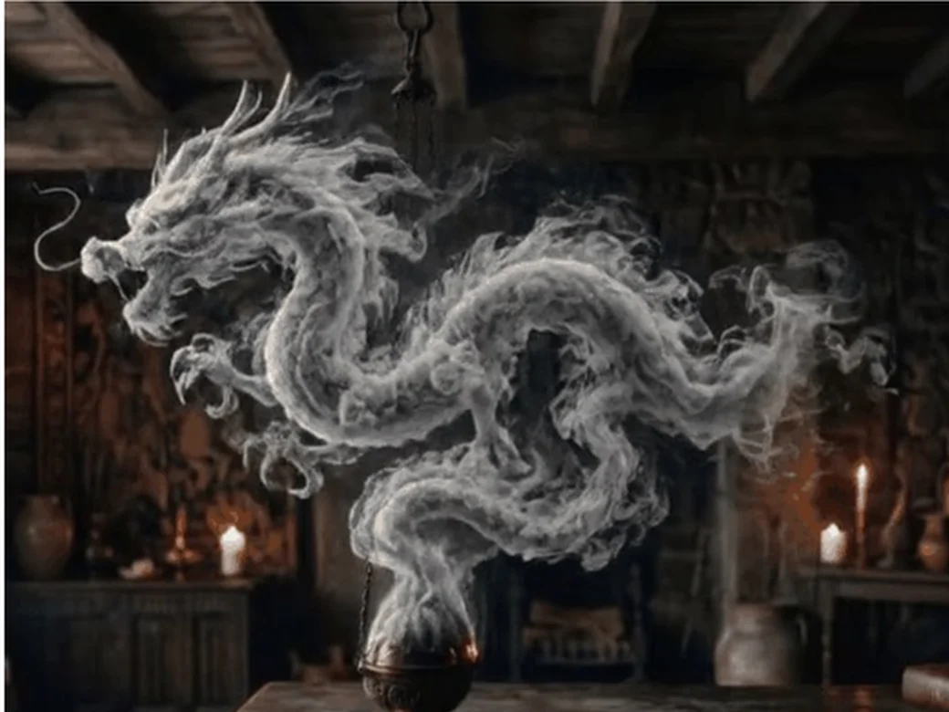 FluidGen smoke shaped into a dragon in a candlelit room